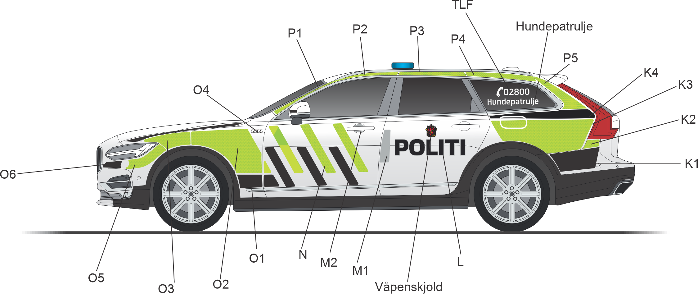 Uniformering av venstre side til Volvo V90 CC Politi